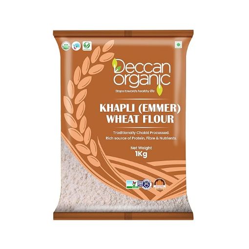 Picture of Deccan Organic Khapli Emmer Wheat Atta Flour, Brown, 1000 gm Pouch