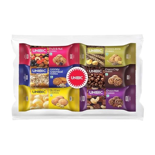 Picture of UNIBIC Cookies, Assorted Cookies, 450 g (Pack of 6 x 75 g) | Biscuits Combo Pack | Choco Chip Cookies | Butter Cookies | Fruit & Nut Cookies | Honey Oatmeal I Jeera Cookies | Cashew Cookies