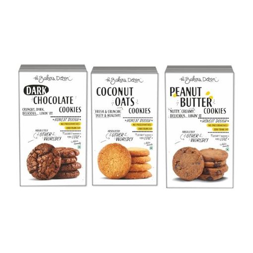 Picture of The Baker's Dozen Handmade Delicious Fresh and Crunchy Cookies | Dark Chocolate Cookies | Peanut Butter Cookies | Coconut Oats Cookies | Pack of 3