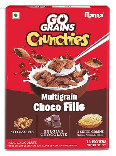 Picture of Manna Choco Fills 450g Multigrain. Zero Maida, 10 Grains Protein & Fibre Rich Breakfast Cereal or Anytime snack. Go Grains Crunchies, 12 Hour Nutrition in Bowl