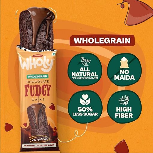 Picture of Wholy Wholegrain Chocolate Fudgy Center Filled Cake - High Fibre, Vegetarian, Prebiotics, Trans Fat Free, Multigrain Healthy Nutritious Snack - Pack of 6 x 40g