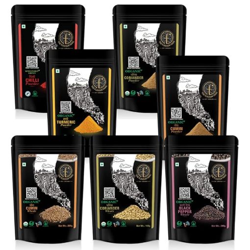 Picture of The Flavour Trail - Supersaver Combo Spices - Sustainably grown Red Chilli Powder + Organic - Turmeric Powder, Coriander Powder, Cumin Powder, Cumin Whole, Black Pepper Whole - 200 gms each, Coriander Whole - 150 gms